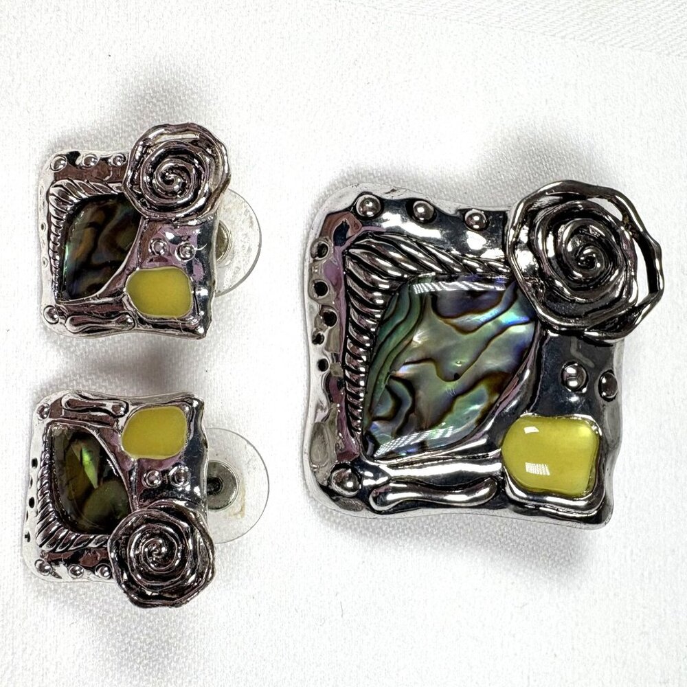 Abalone & Enamel Silver Tone Metal‎ Setting Pendant w/ Matching Pierced Earrings